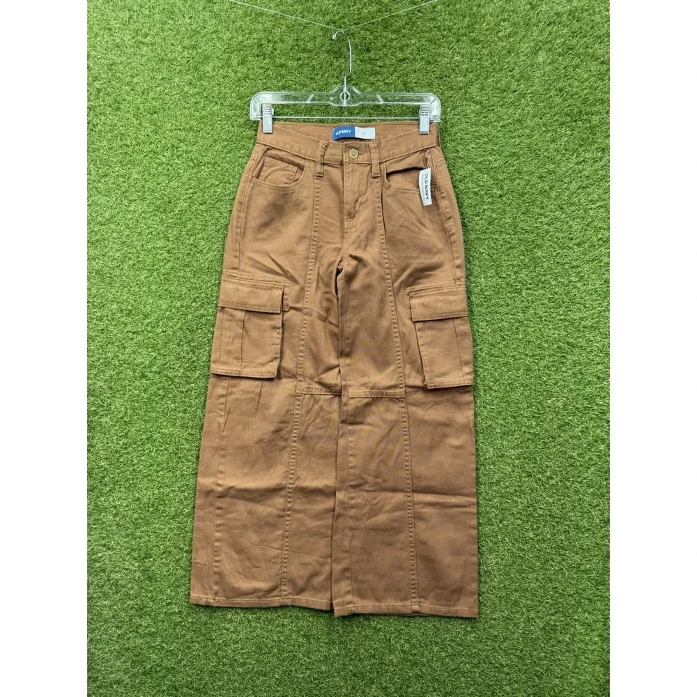 Old Navy Cargo Pants Girls 12 Brown Wide Leg Utility Pockets Cotton Brown NWT